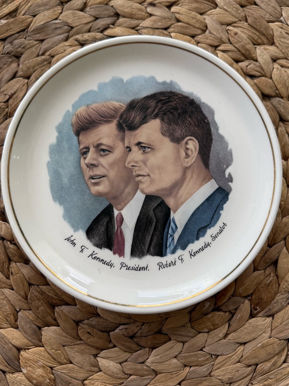 Commemorative Kennedy Portrait Decorative Plate - Blue and White